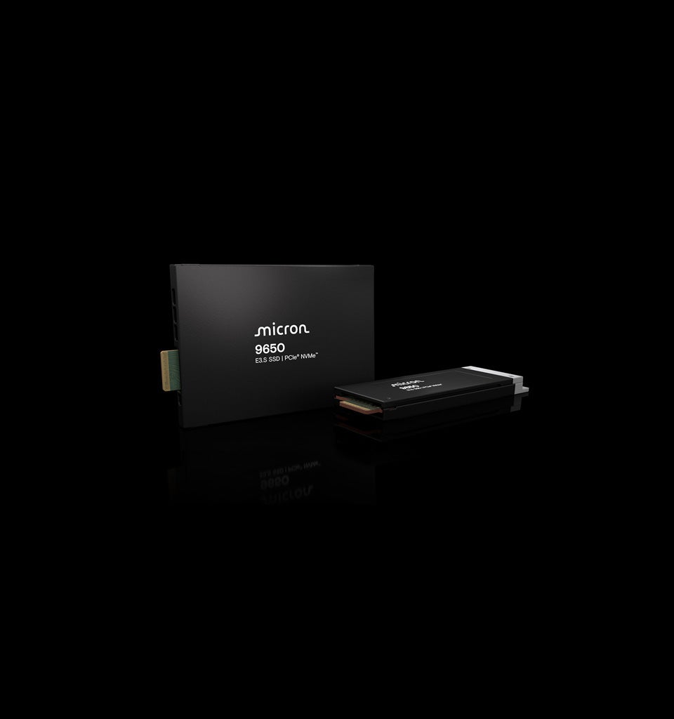 Micron 9650 E3.S data-center SSD on black with a mirrored reflection