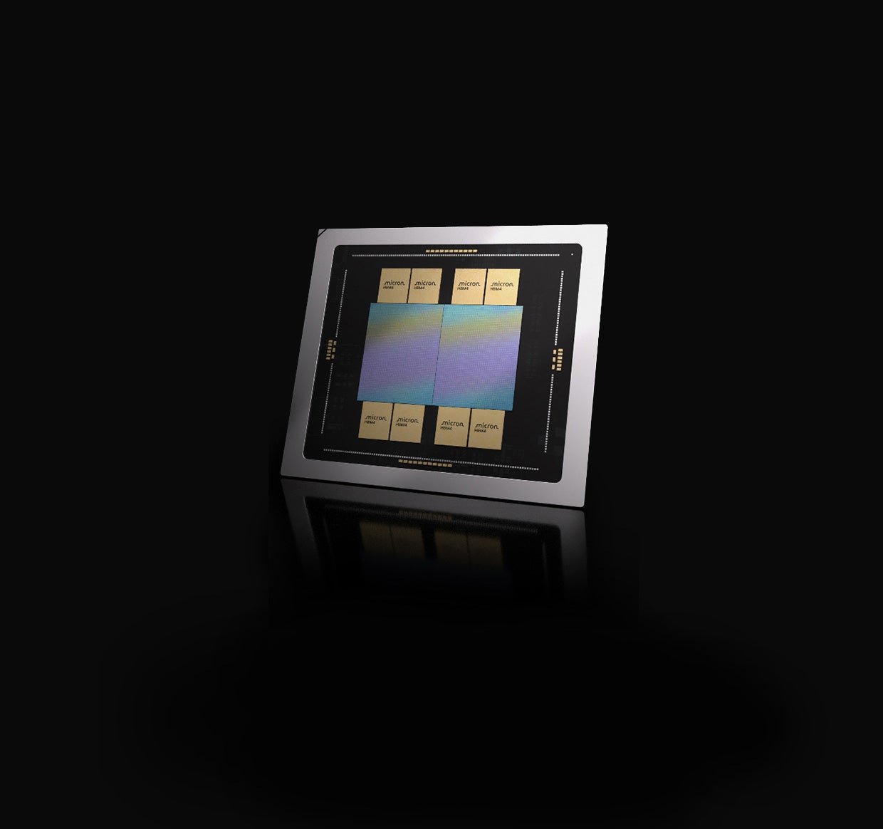 Micron HBM4 memory cubes surrounding an iridescent blue-violet AI compute die on a black package