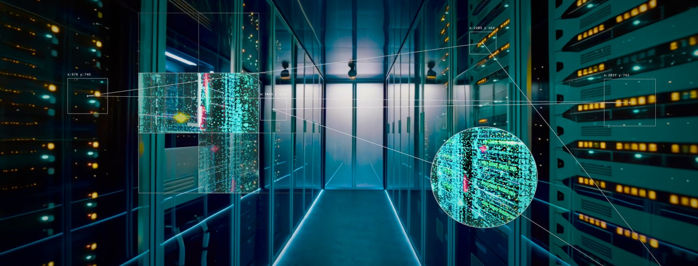 A teal data-center aisle overlaid with circuit graphics and amber status LEDs — the invisible layer powering AI